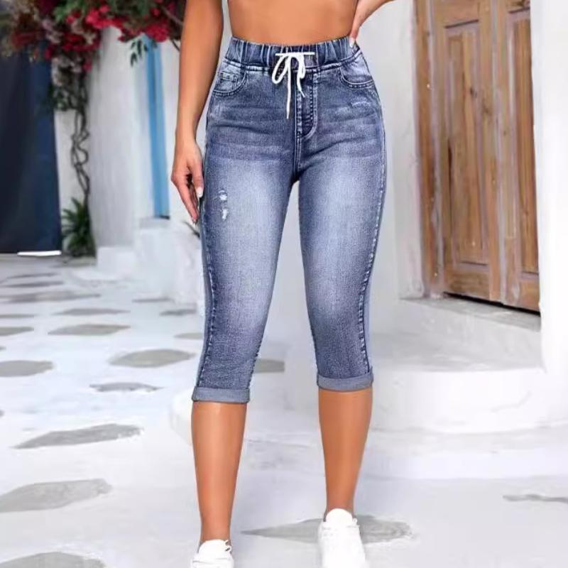 GMXIA Women's Jeans Elastic Waist Drawstring High Waist Ripped Jeans Women High Stretch Denim Hot Pants