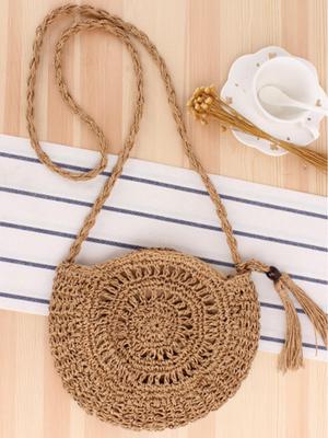 Cute Bow Crochet Crossbody Round Bag - Handmade Woven for Beach, Daily, or Casual Use