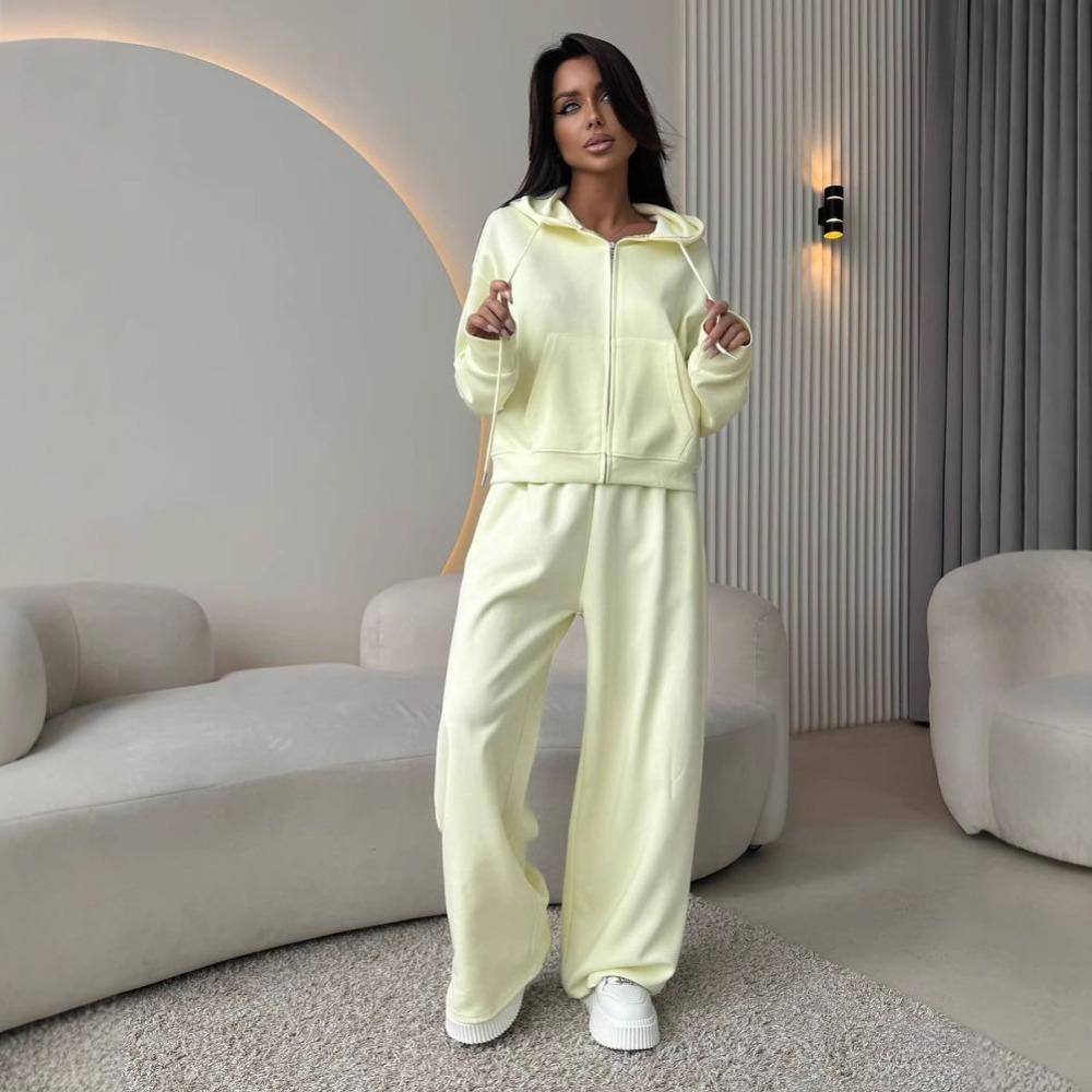 Women's 2-Piece Sportswear Set: Solid Color Long-Sleeve Zippered Hooded Cardigan  Lace-Up Sweatpants