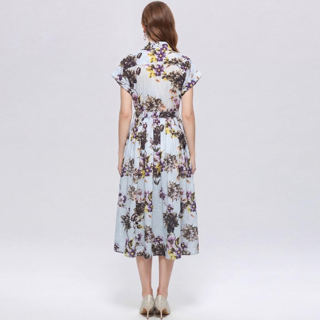 Summer Floral Print Shirt Dress for Women Short Sleeve Maxi Sundress with Lapel Neck Buttons Vintage Fashion Belted Robe