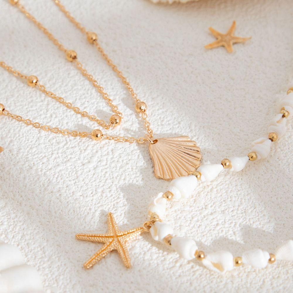 Heart Pendant Bohemia Style Necklace Mulitlayer Pearl Beaded Necklace  Beach