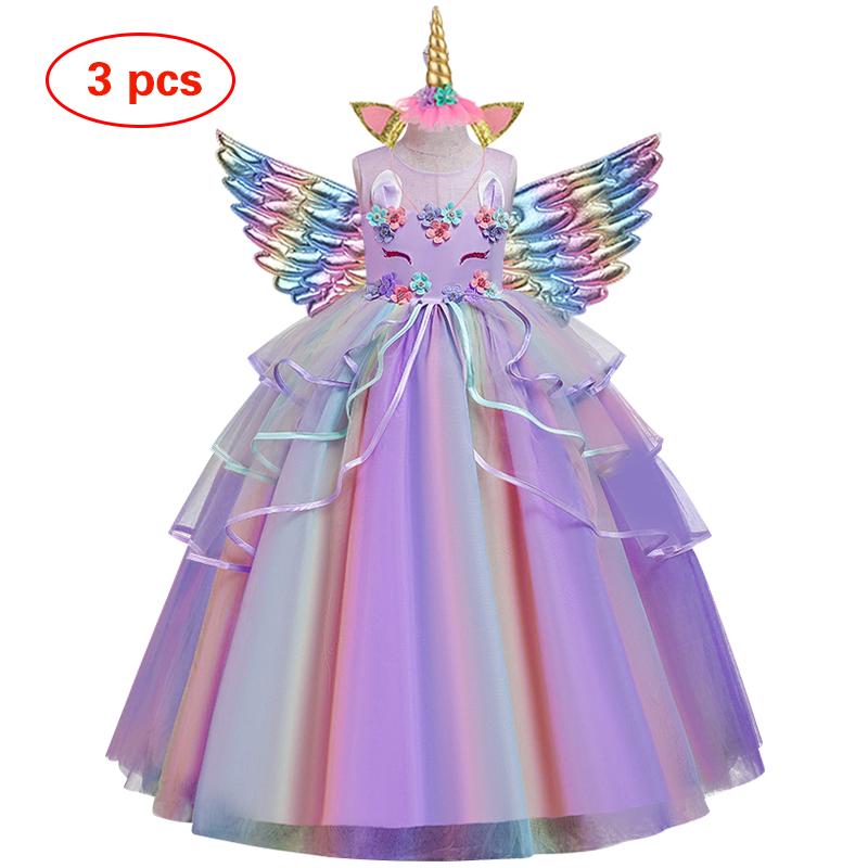 Girl's Long Unicorn Rainbow Wedding Party Dress Girl's Birthday Party Unicorn Character Dance Performance Dress Three Piece Set