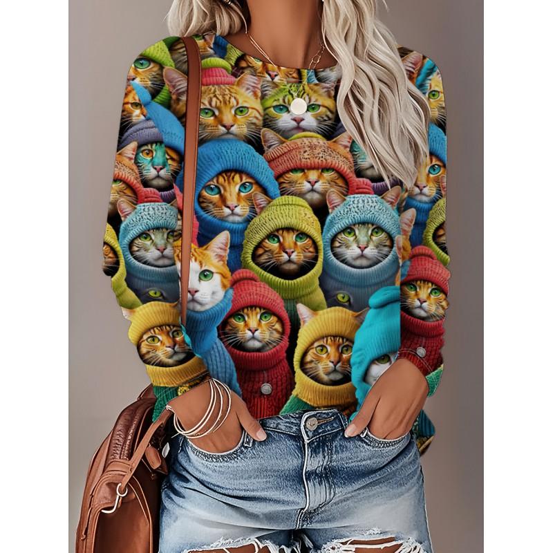 Womens Loose Fit Long Sleeve Round Neck Tee With 3D Peacock Cat Print - Milk Silk Fabric 2025 Casual Top