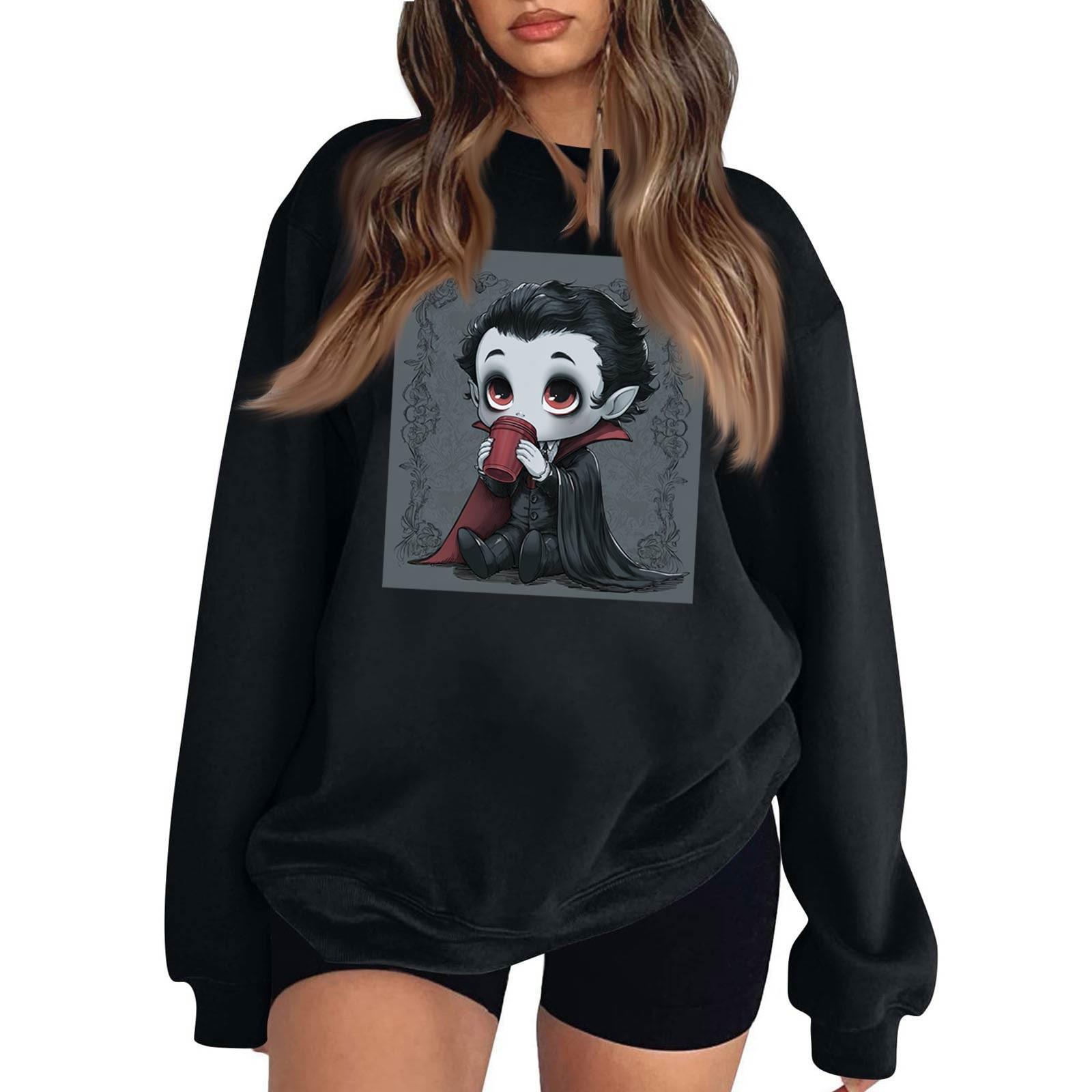 

Womens Fashion Tops Printed Casual Round Neck Long Sleeve Loose Pullover Shirts XXL чёрный