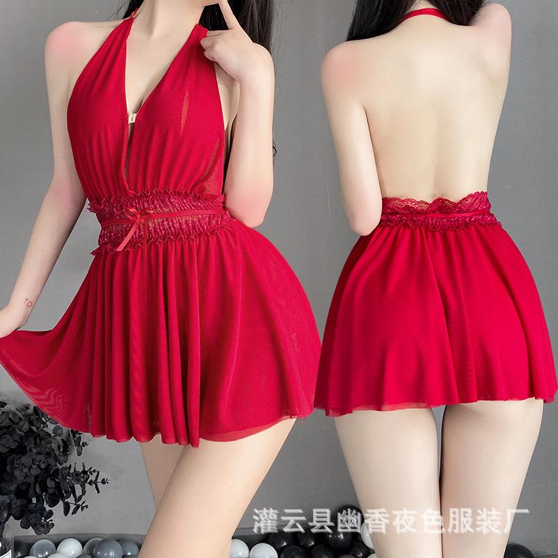 New women's deep V temptation backless design perspective double-layer mesh skirt pendulum sexy neck nightdress
