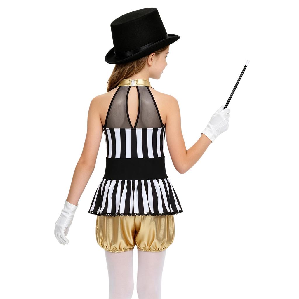 Girls Metallic Jumpsuit Sleeveless Patchwork Ringmaster Dress Up Set 4 Pieces Hat Wand Gloves