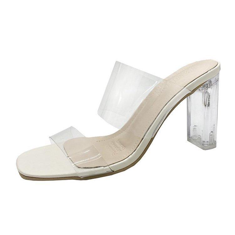High-heeled Slippers Women's Spring and Summer New Fashion Outer Wear Transparent One-word Slippers Crystal and Semi-cool Slippers