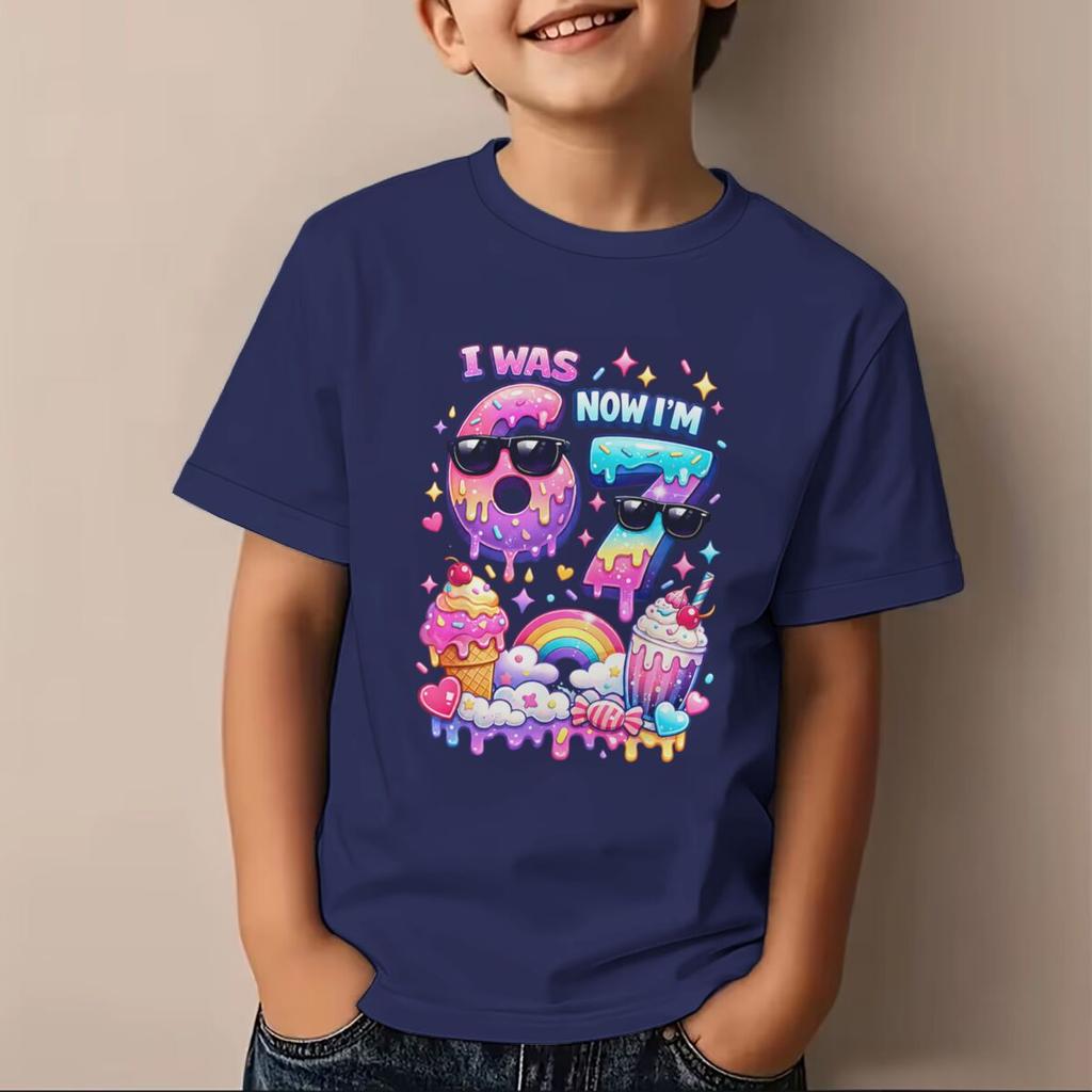 I Was 6 Now Im 7 Birthday Tshirt Girls Boys Casual Short Sleeve TShirt Candy Ice Cream Girls Tee Kids Number 6 7 Cotton Tees