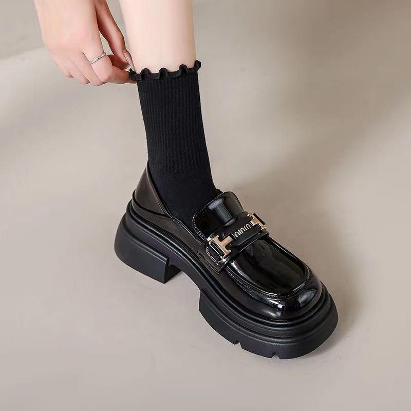 Women's new autumn platform retro one-pedal small leather shoes black women