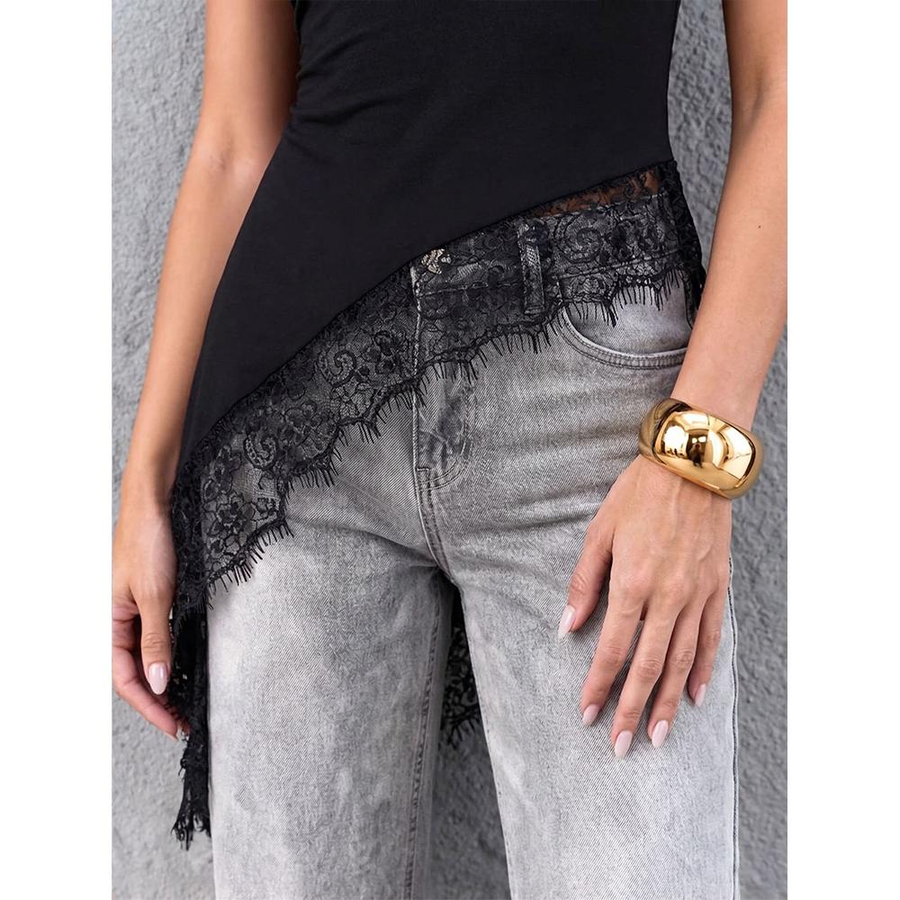 Damen Ein Schulter Spitze Tanktop Ärmellos Asymmetrisch Raffung Y2K Ausgeh Tops