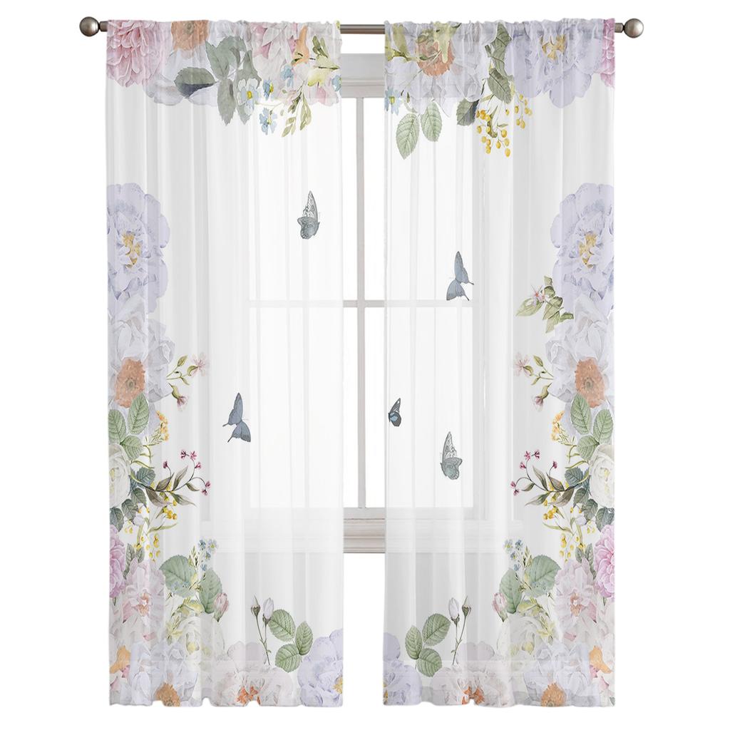 Watercolor Butterfly Flower Plant White Sheer Window Curtain Tulle Curtains for Livingroom Bedroom Hotel Home Decor Voile Drapes