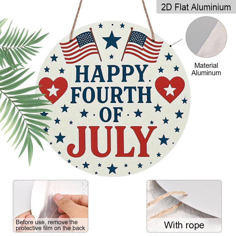 Patriotic Independence Day Metal Aluminum Wall Decor - 2D Flat Print American Flag Design with Stars, Stripes & "Happy 4th of July" Text