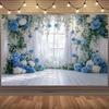 2D Wedding Party Blue Flower Wall Backdrop Indoor Window Curtain Photo Background
