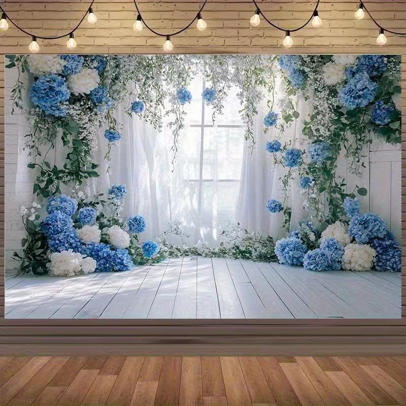 

2D Wedding Party Blue Flower Wall Backdrop Indoor Window Curtain Photo Background 47.2x31.5inch/120*80cm
