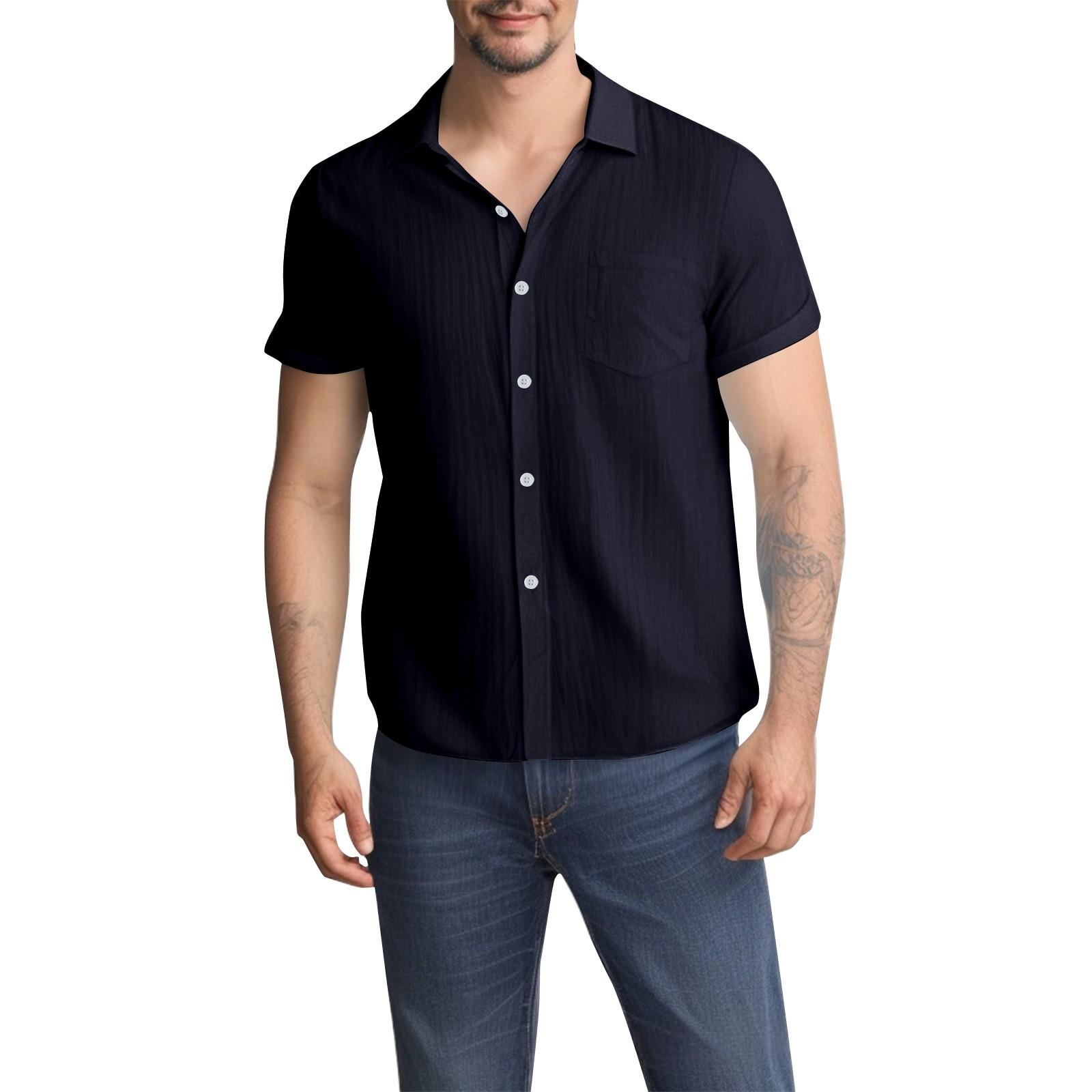 

Мужские однотонные рубашки с коротким рукавом и карманом на пуговицах Мужские повседневные рубашки с коротким рукавом XXL тёмно-синий