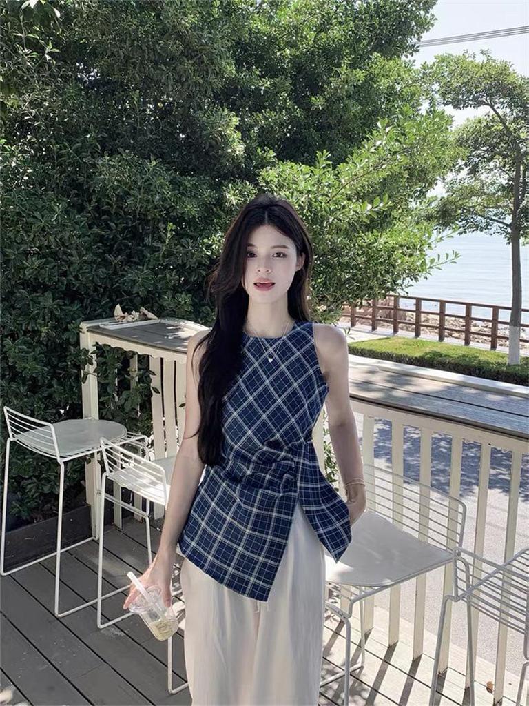 Women's Summer Retro Irregular Plaid Vest with Cinched Waist