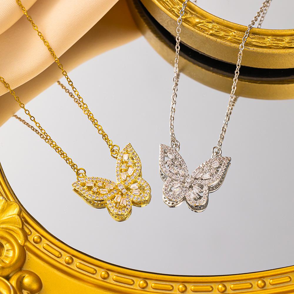 Damen Vintage Luxus Zirkon Schmetterling Anhänger Halskette Edelstahl Kette Schmetterling Schmuck Zubehör Geschenke