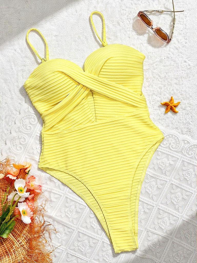 Women’s Sexy Cutout Monokini Bathing Suit Yellow Stripe Bikini Swimwear One-Piece Swimsuit