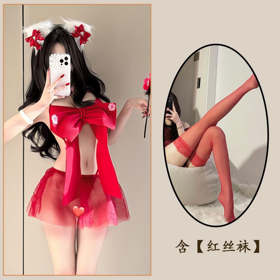 Sex Underwear Pink Bow Chest Pad Three-point Pure Desire Temptation Splicing Mesh Perspective Free