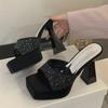 Eilyken Summer Square Toe Crystal Rhinestone Slippers Women Chunky Platform Heels Shoes Zapatos De Mujer