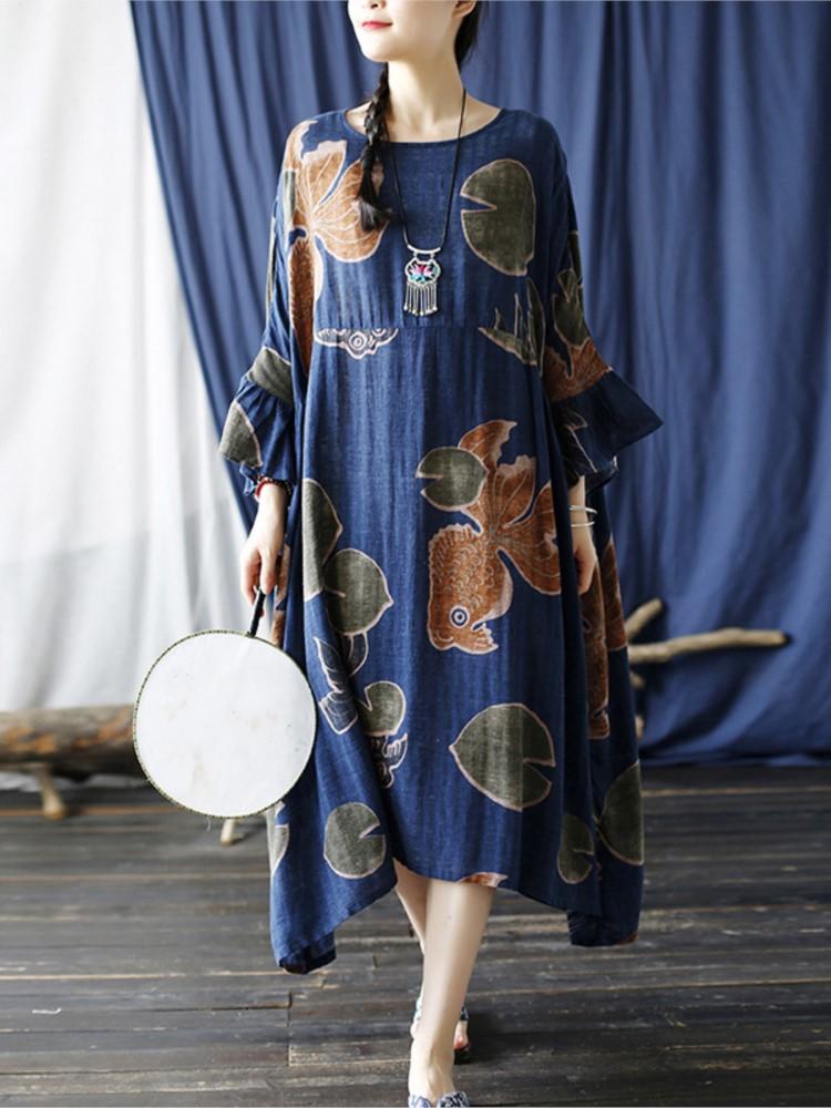 Johnature Women Flare Sleeve Spring Dress Print Floral Loose Robes O-Neck Seven Sleeve Cotton Blend Women Vintage Dress