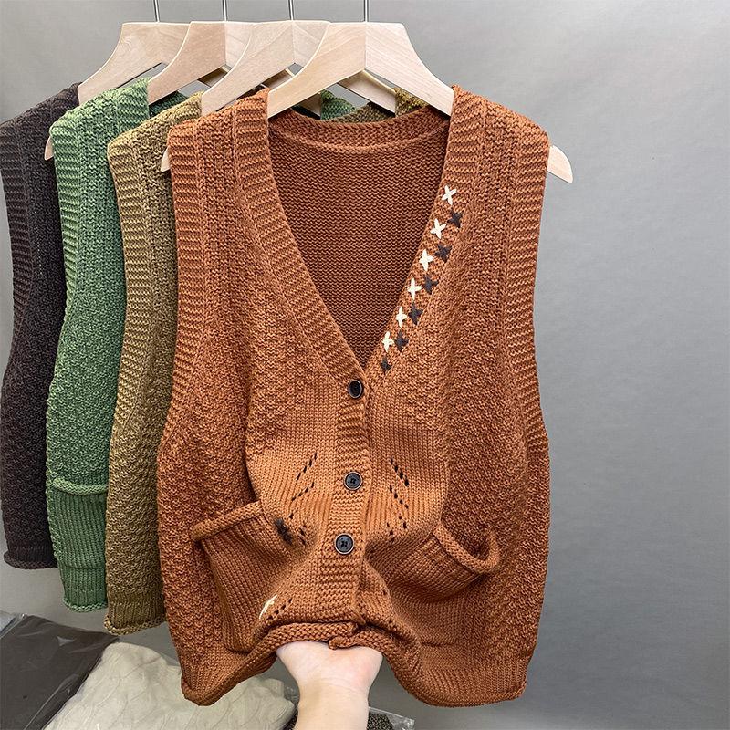 Women's Autumn V-Neck Knitted Vest Sleeveless Cardigan for Outer Wear Sleeveless Sweater Cardigan Gilet Coat