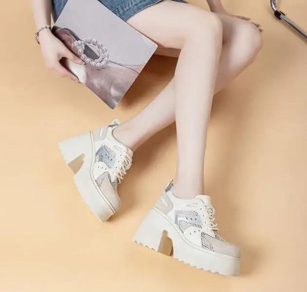 Modă 10CM Plasă Aer Microfibră Piele Naturală Platformă Pană Adidași Groși Gol High Brand Vară Femei Sandale Pantofi cu Toc Ascuns