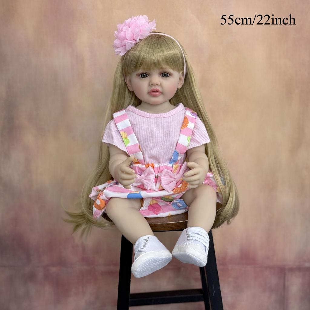 BZDOLL 55cm 22inch Reborn Baby Full Body Soft Vinyl Newborn Bebe Girl With Blonde Long Hair Princess Toddler Toy Lovely Christmas Gift