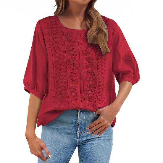 

Вышитые топы для женщин с рукавом 3/4, летние повседневные блузки в стиле бохо, ретро, свободные, с круглым вырезом, богемные рубашки M кирпич красный