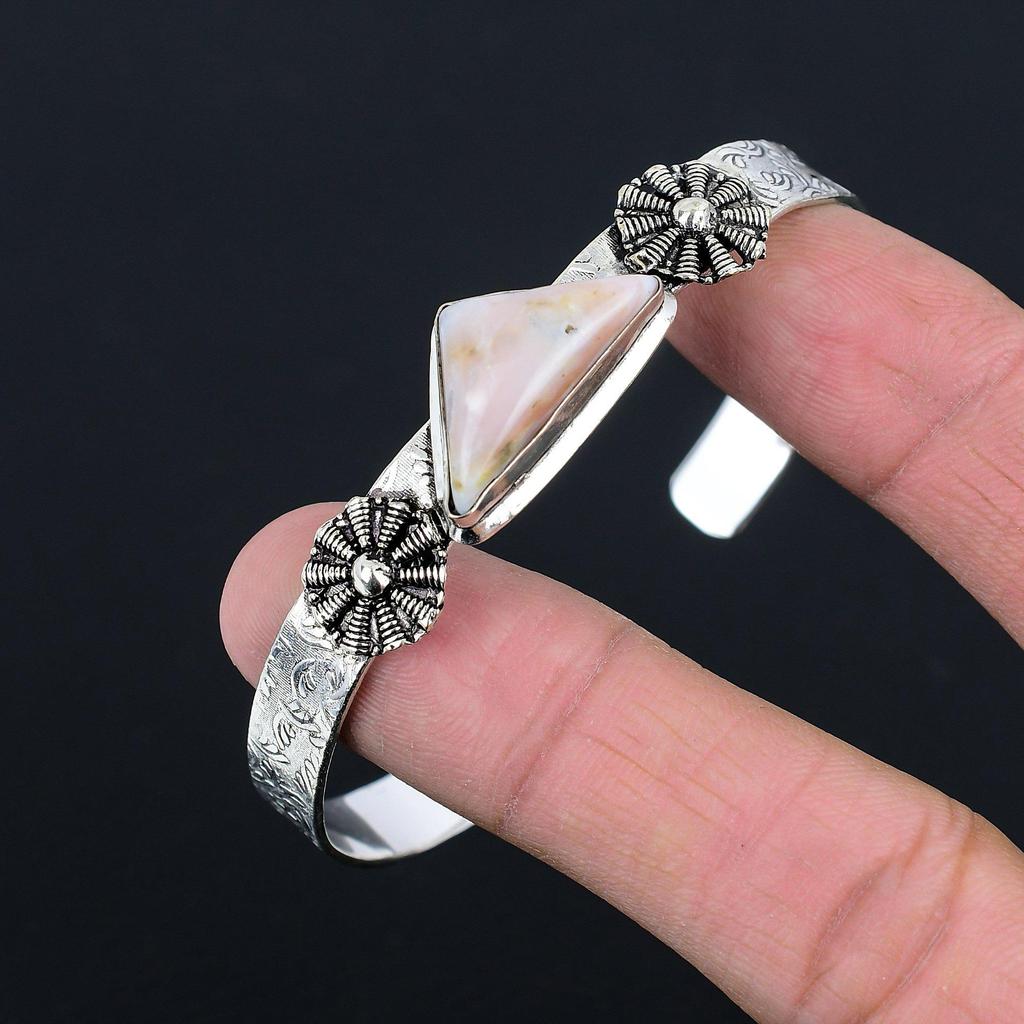 Mothers day Sale Trillion Pink Opal Stone Trendy Boho Bangle 925 Sterling Silver