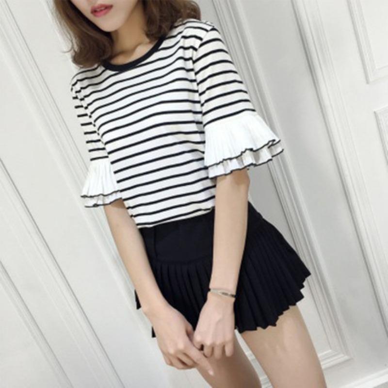 New Summer Korean Version of Lotus Leaf Sleeve Striped Casual Loose Short-sleeved T-shirt Female Student Top
