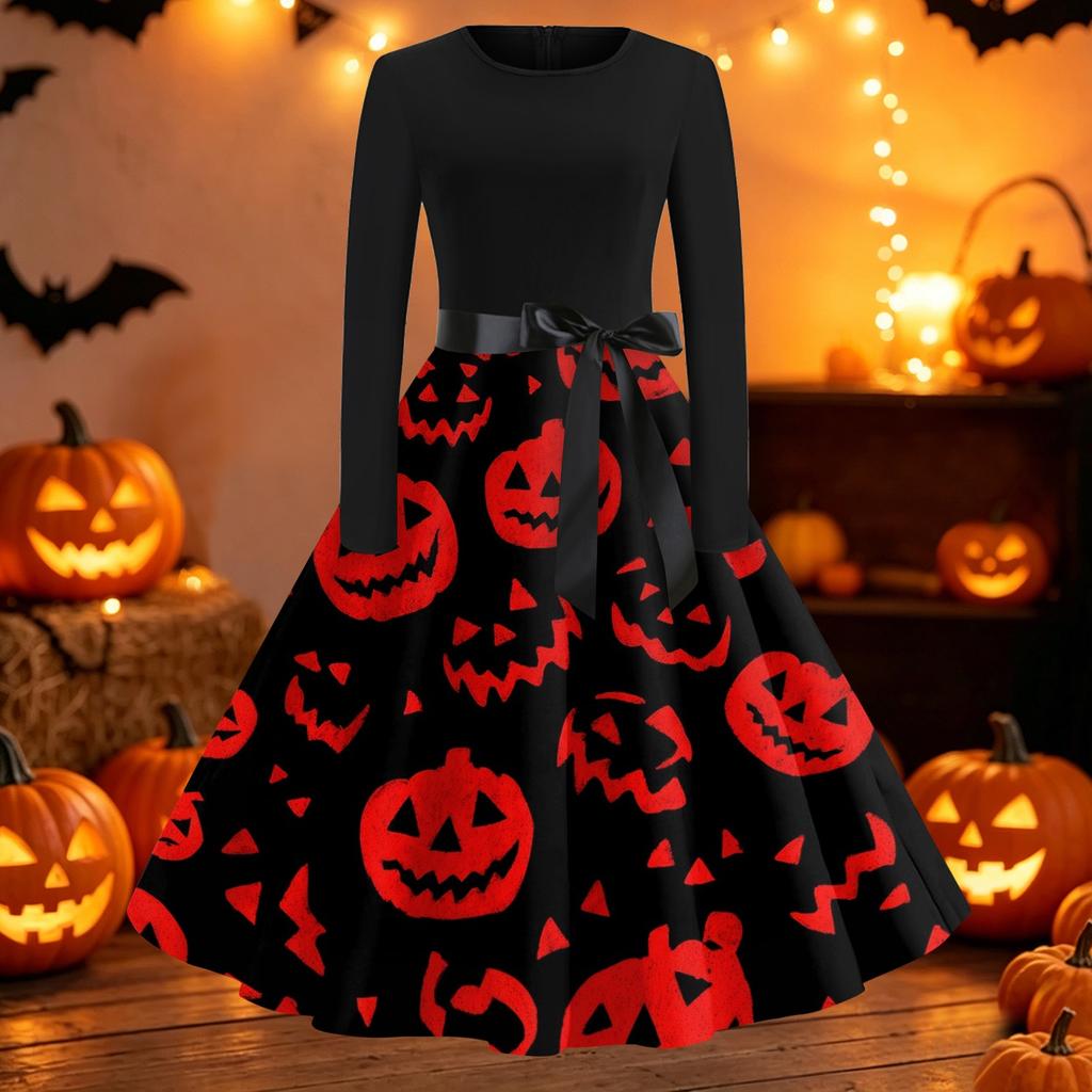 Women's Casual Long Sleeve Fit and Flare Dress Round Neck Halloween Print Full Skirt Midi Dress with Waist Tie Belt