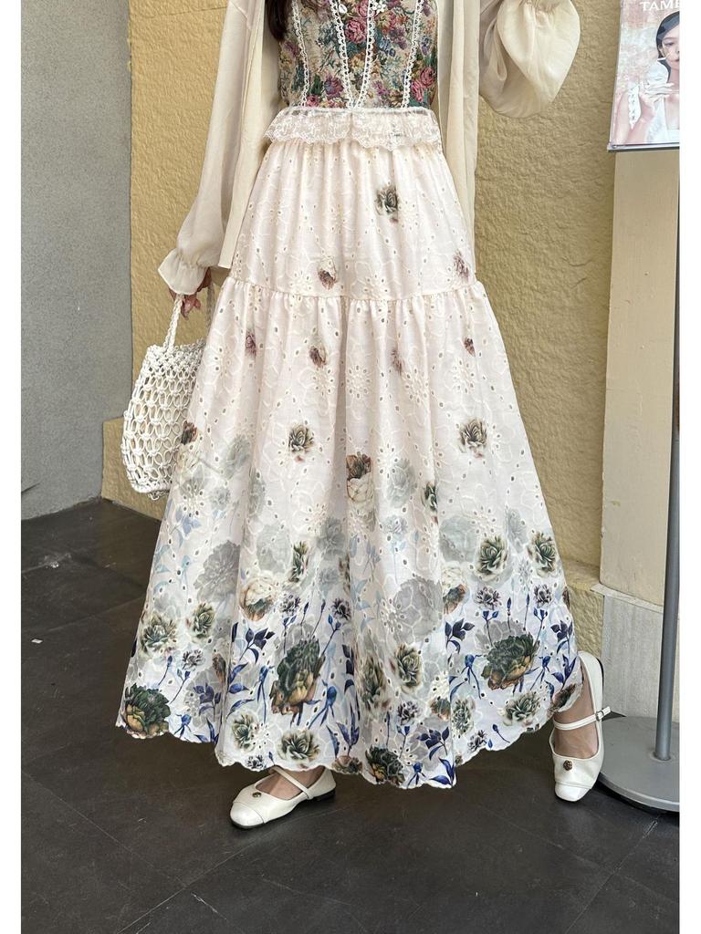 Women's French High Waist Embroidered Crochet Midi Skirt for Autumn/Winter