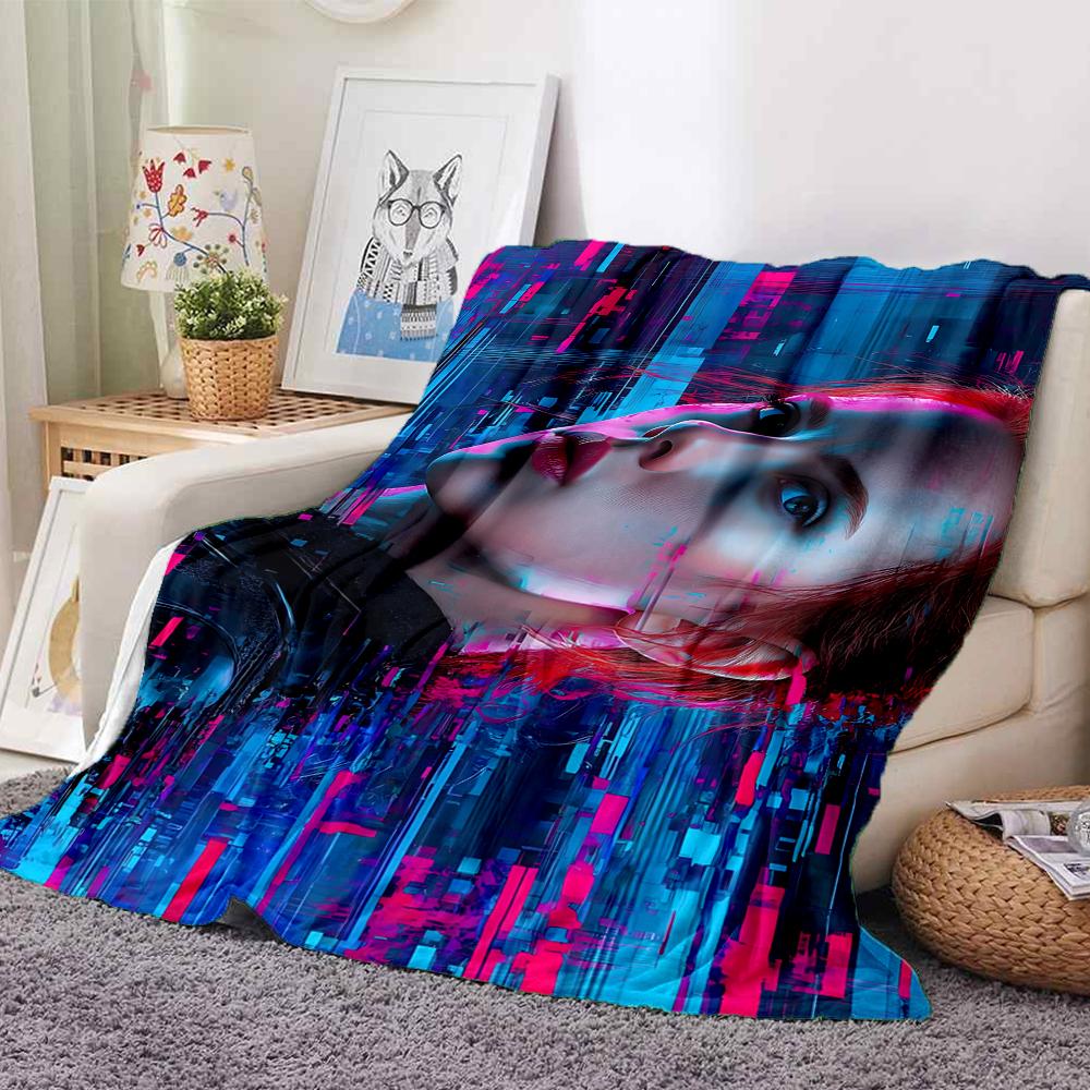 1Pc Cyberpunk Neon Portrait Flannel Blanket, Soft And Comfortable, Casual Warm, Camping Travel, Christmas, Halloween Xmas Gift S1526