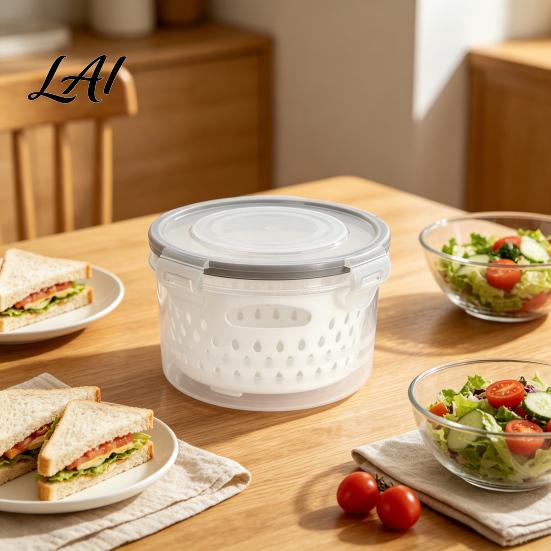 Stackable Vegetable Crisper Round Fruit Storage Container 2-Layer Food-Grade PP with Food-grade Plastic Drain Basket Leak-Proof Sealed Box