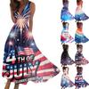 Sleeveless V Neck Maxi Dress with Independence Day Print and Pattern for Women Holiday Wear