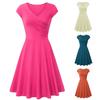 Fashion Women Solid Color V Neck Short Sleeve Plated Swing Party Banquet Dress