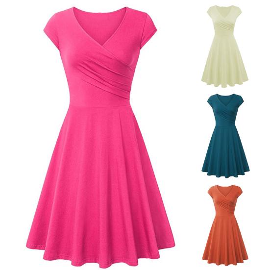 Fashion Women Solid Color V Neck Short Sleeve Plated Swing Party Banquet Dress