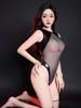 Mesh See Through HIgh Cut Bodysuit PU Patckwork Elastic Tights Open Bust Hollow Out Shaping Leotard Backless Elastic Maid Tights