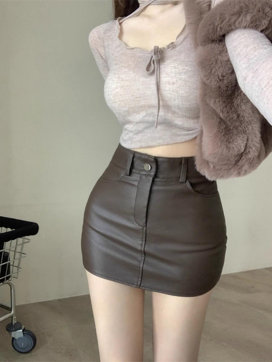 

Women s High Waist Black PU Leather Bodycon Skirt Shorts - Autumn/Winter Anti-Exposure Design 3XL (140-160 jin)
