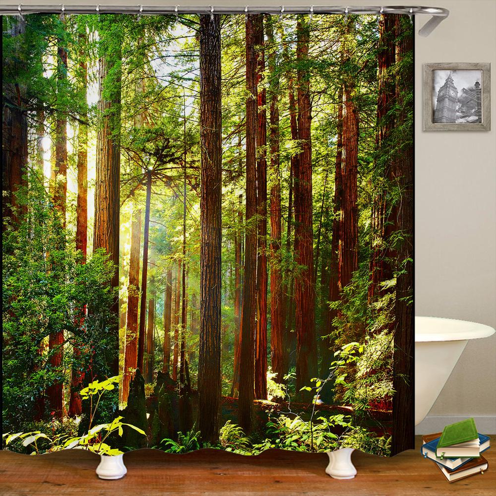 Forest Landscape Shower Curtain Garden 3D Green Plant Tree Natural Scenery Waterproof Polyester Bathroom Curtain Home Decor