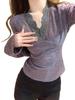 Miu Style Women's V-Neck Lace Patchwork Layered T-Shirt - Low-Cut, Waist-Cinching Top for Spring & Autumn