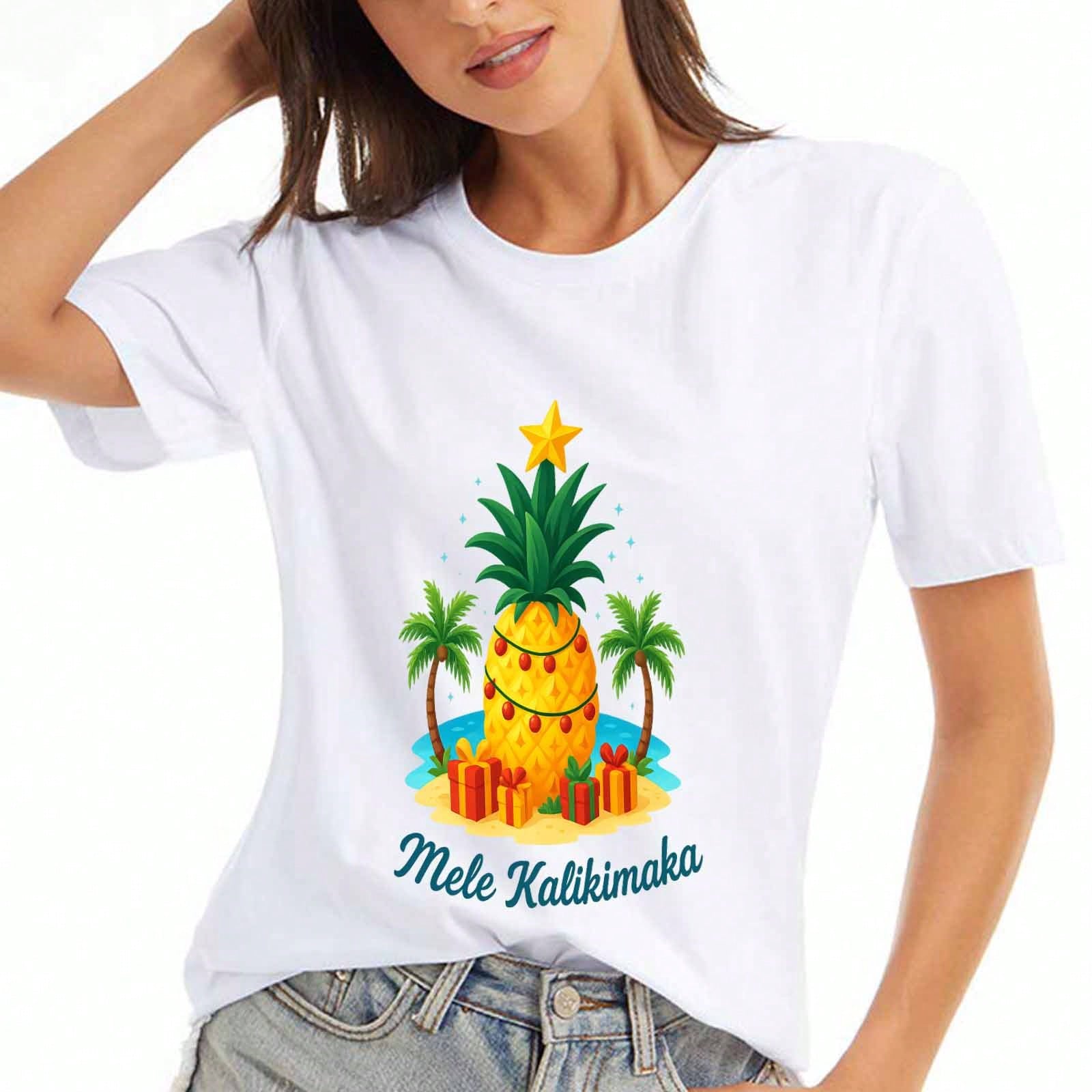 Mele Kalikimaka Pineapple Beach Christmas Tree Wounisex Cotton T Shirt, Premium Cotton Quality Print, Durable, Casual And Fashionable ,Merry Xmas Vaca S разноцветный