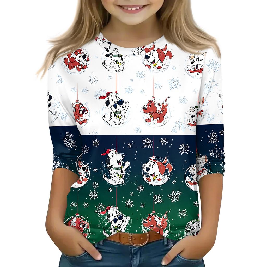 Christmas Children's 3/4 Sleeve Tops Casual  Printed Daily T Shirt Round Neck Pullover Blouse