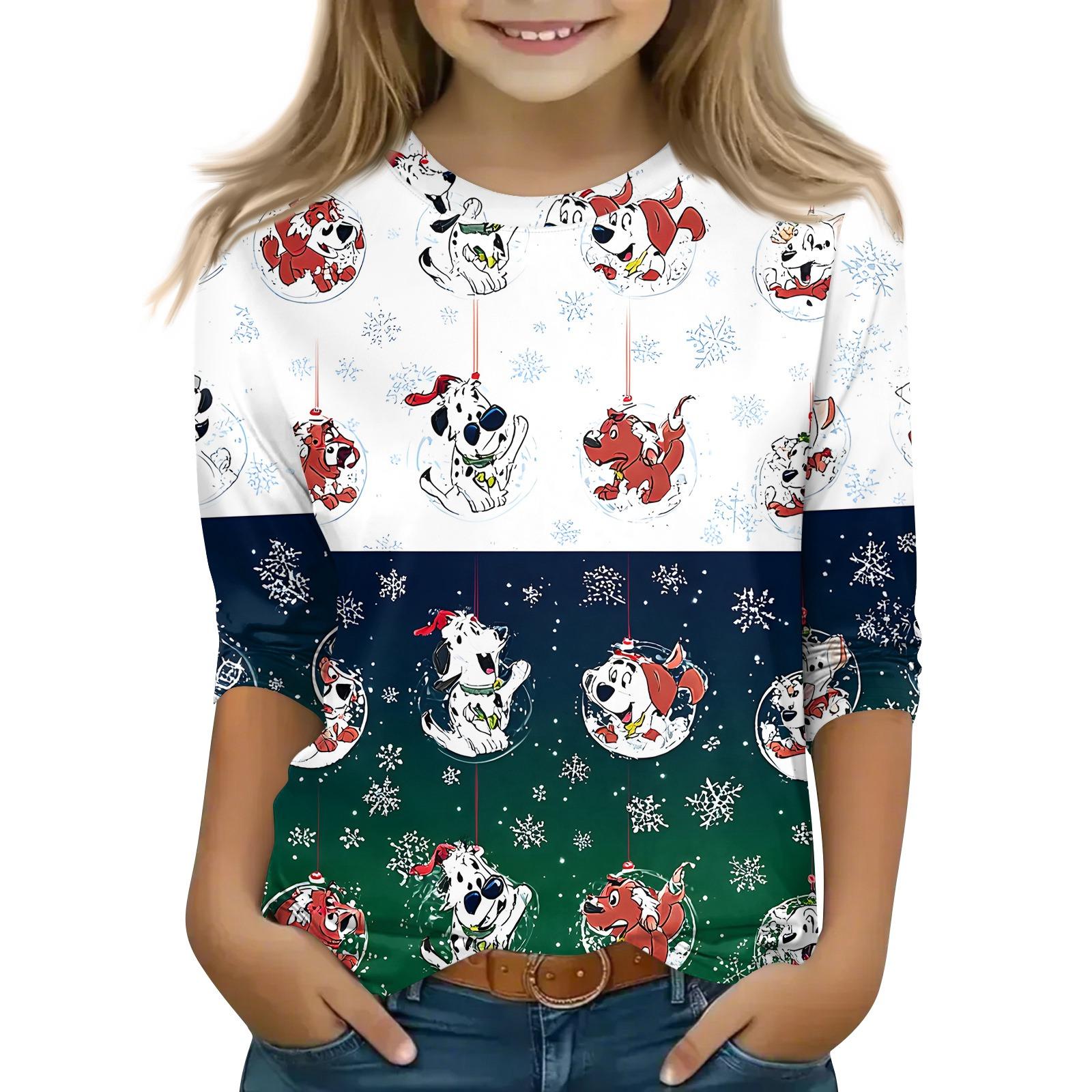 

Christmas Children s 3/4 Sleeve Tops Casual Printed Daily T Shirt Round Neck Pullover Blouse 130