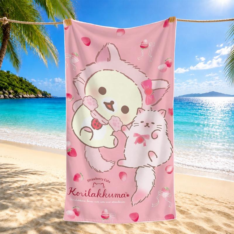 Newest Beach Towel Pink Strawberry Korilakkuma Cute Cat Cartoon Print Soft Microfiber Beach Towel Swimming Towel