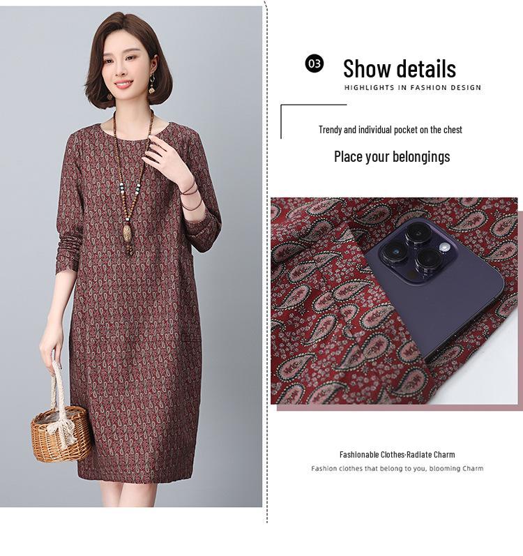 2025 Retro Floral Loose Fit Dress for Women - Spring & Autumn, Round Neck, Perfect for Middle-Aged Mothers