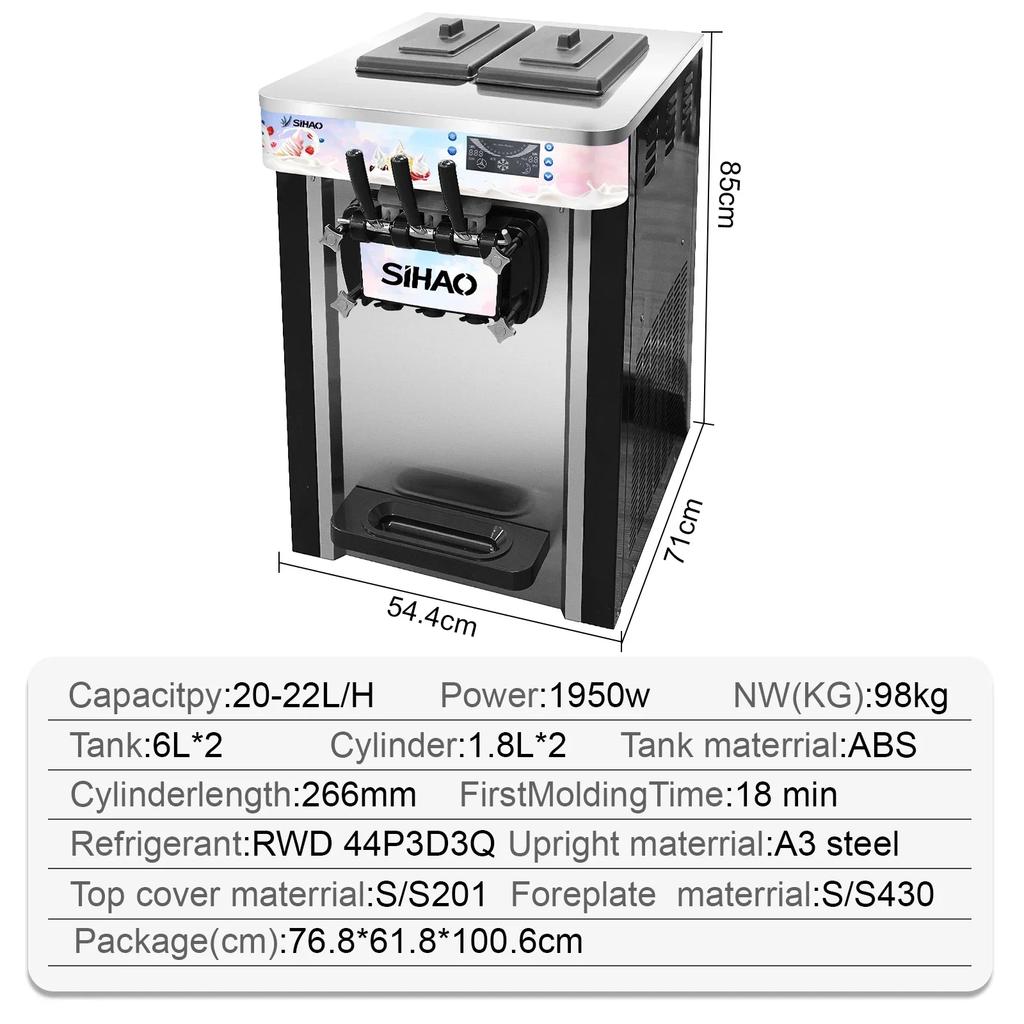 SIHAO Soft Serve Ice Cream Machine 20-28 L/h 3 Flavors Desktop
