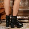Mode Schwarzer Gürtel Stiefel Dicker Absatz Seitliches Reißverschlussdesign Damen Kurze Stiefel Herbst Winter Western Retro Stil Hochhackige Stiefel