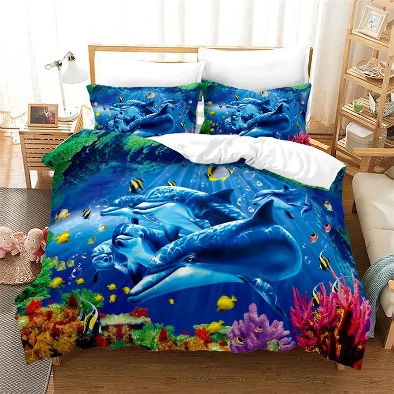 Kids Cartoon Ocean Fish Duvet Cover Microfiber Marine Theme Bedding Set Sea Underwater World Quilt Cover Queen For Boys Girls
